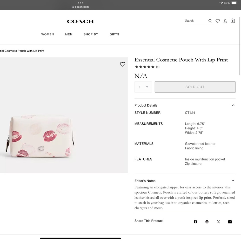 NWT Coach Lip Print Cosmetic Pouch